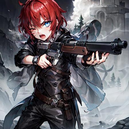 Masterpiece, high quality, (leveraction:1.2), antique firearm, stock, 1boy, red hair, blue eyes, glowing eyes, cloak, aiming at viewer, one eye closed, detailed face, bangs, dust, smoke, fog, holding weapon, trigger discipline, dark, angry, tall, lean <lora:leveractionrifle-AOM2:0.8>