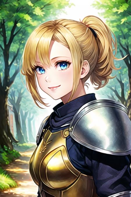 1girl, samus aran, ((highly detailed eyes)), vanillaware-32900, intricate details, round pupils,  detailed pupils, modelshoot style, blonde hair, (blue eyes), ponytail, (((portrait))), (((armor))), ((looking at viewer)), smile, short hair, soft lighting, trees, forest, samdoesart, (((medieval town))), ((fantasy)), ((cartoon))