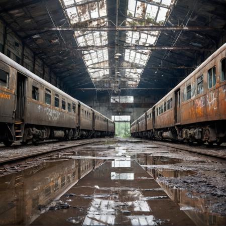 abandoned train depot with leaking roof, large puddles on the cracked concrete floor, rusted electric locomotives from the 1970s covered in dust and graffiti, wet metal surfaces reflecting dim natural light, broken overhead lighting, shattered windows letting in grey daylight, overgrown vegetation creeping inside, photorealistic, high detail, moody atmosphere, water dripping from ceiling, cinematic composition, ultra-realistic, 35mm lens, depth of field, wet surfaces, HDR, sharp textures, damp smell vibe