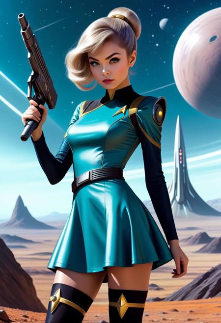 score_9,score_8_up,score_7_up,rating_questionable, beautiful woman 21yo, short retro star Trek dress, tights, unuque futuristic hairstyle, alien planet, beautiful scenery, movie scene, holding a phaser gun, sci-fi adventure, Jojo manga pose