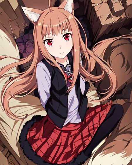 masterpiece, best quality, ultra-detailed, illustration,(1girl),beautiful detailed eyes, red_eyes, close up,(arms behind back:1.2), (from above:1.1), animal_ears, holo, long_hair, skirt, plaid, pouch, purple_skirt, vest,  <lora:swholo:0.8>