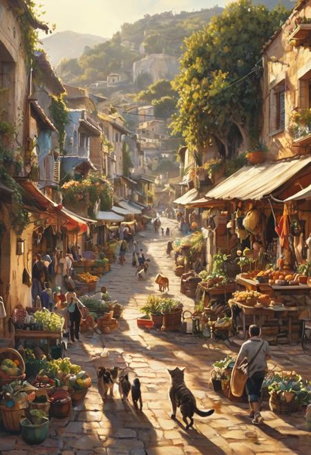 Create a mesmerizing digital painting that captures the vibrant spirit of a bustling market in a sun-drenched Mediterranean village. The scene is alive with colorful stalls overflowing with fresh produce, fragrant herbs, and handcrafted goods, each vendor showcasing their unique wares. Cobblestone streets wind through the village, lined with charming stone buildings adorned with blooming bougainvillea and hanging lanterns. In the foreground, a group of locals engages in lively conversation, their laughter mingling with the sounds of distant music. A playful cat weaves through the crowd, adding a touch of whimsy to the atmosphere. The warm golden light of the afternoon sun bathes the scene, casting soft shadows and enhancing the rich colors of the market. This illustration should evoke a sense of community and joy, inviting viewers to immerse themselves in the vibrant culture and charm of the Mediterranean lifestyle. Aim for a piece that could enchant audiences on platforms like Instagram and be celebrated for its lively and inviting beauty