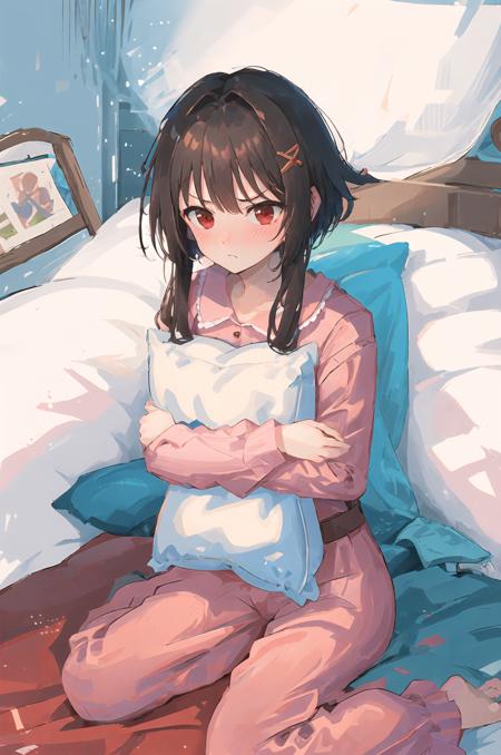 pillow hug, annoyed, barefoot, bed sheet, blush, embarrassed, face in pillow, furrowed brow, hugging object, nose blush, on bed, pillow, sitting, wariza, <lora:megumin_v2-000018:1>, megumin, meguminpajamas,