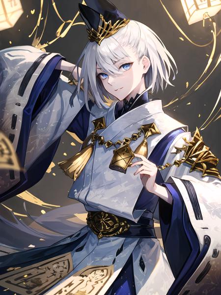 masterpiece,best quality,highres,cinematic lighting,dramatic angle,1boy,<lora:ShadowverseKuonV1-000025:0.8:lbw=jiangshi3>,white hair,short hair,blue eyes,tate eboshi,blue headwear,white dress,clothing cutout,ribbon,tassel,looking at viewer,evil smile,shaded face,parted lips,wide sleeves,kariginu,straight-on,holding,close-up,depth of field,beads,talisman,black hakama,dynamic angle,magic,ofuda,holding ofuda,casting spell,golden snake,one arm raised  over head,straight-on,shushing