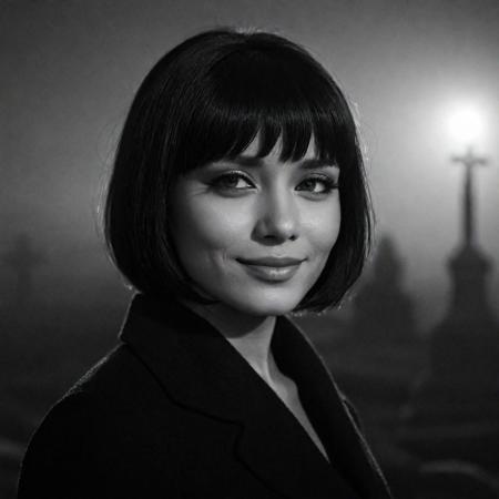 cinematic, ((black and white, monochrome, greyscale)), photograph, of a relaxed, soothing and lovely woman, medium-long black bob with bangs, petite, feminine, beautifully expressive eyes, subtle smile, slim body, posing, in a dark foggy graveyard, at night, noise, detailed, high quality, cinematic lighting, contrast, heavy dynamic shadows, atmospheric, photographed with a 8x10 bellows Calumet camera,