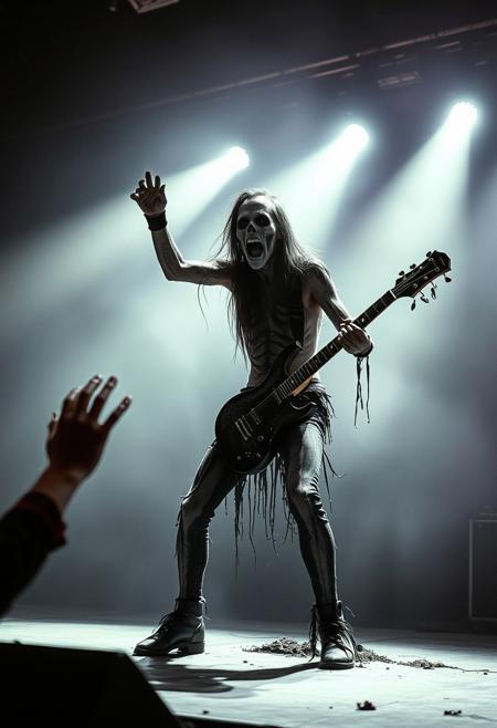 A death metal zombie on stage, horror movie still