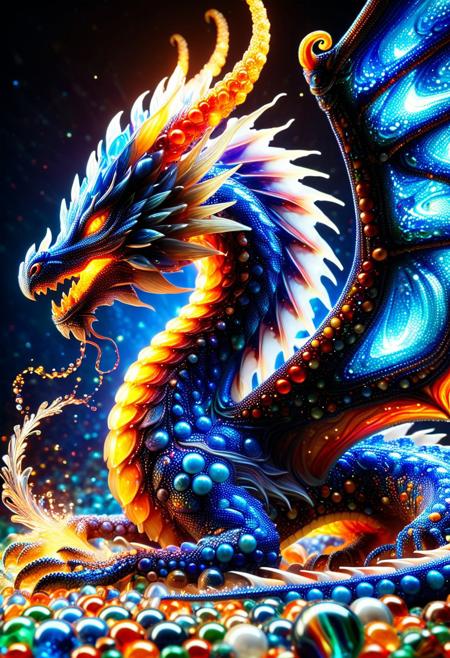 (((reality-shot, realism, realistic photography of a majestic dragon crafted entirely from swirling marbles, scales composed of tiny glass orbs that reflect prismatic light, wings stretching wide like cascading streams of liquid crystal, fiery breath replaced by glowing trails of refracted energy, fantasy art style, deep-sapphire theme, intricate details, ultra sharp, exquisite detail, flawless composition, vivid colors, masterpiece, ethereal majesty lora:marbles_world:1 )))