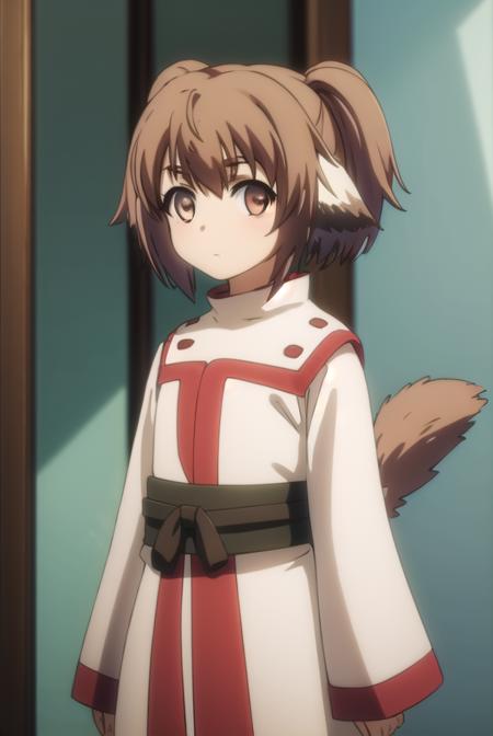 shinonon, short hair, brown hair, animal ears, (brown eyes:1.5), dog ears, twintails, short twintails, tail, ainu clothes, long sleeves,