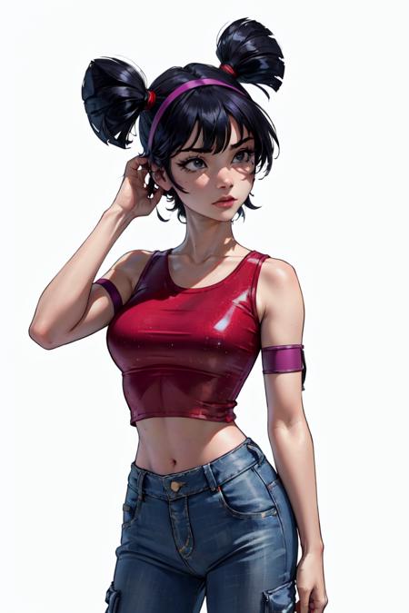 (Musa)  (short twin tails, bangs, black hair, black eyes, asian) (casualoutfit), (red croptop, baggy cargo jeans, red headband) (FairyOutfit), (red dress, red skirt, simple blue fairy wings, purple headphones, sparkling clothing)
