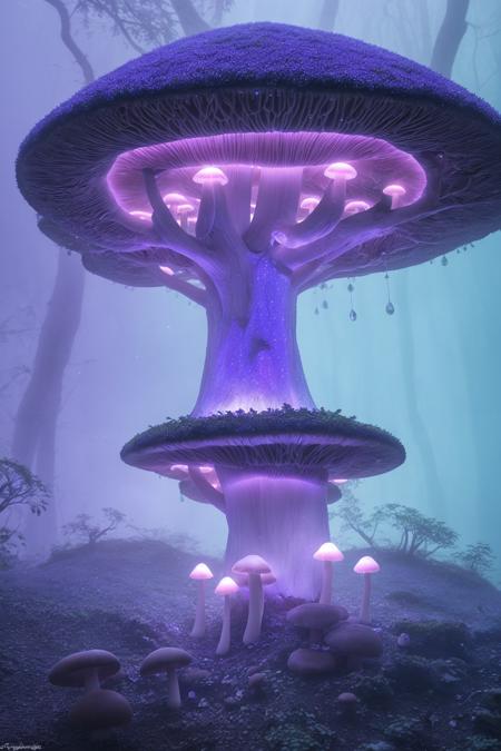 misty enchanted forest, glowing mushrooms scattered on the forest floor, ancient trees with twisting branches, soft blue and purple lighting, gentle fog rays through trees, fantasy magical vibe, high detail forest floor