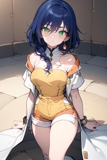 , fabia_Sheen, blue_hair, long_hair,  green_eyes, pink ear rings, white_coat, bare_shoulder, yellow_shirt, short_sleeves, shorts, yellow_shorts, orange_patches,blue thighhigh socks, white boots, wristwatch, Fabia_Sheen_Castle_kight, blue_hair, long_hair,  green_eyes, pink ear rings, white_bodysuit, yellow_lining, deep_red_padding, popped collar, shoulder_pads, gloves, boots, 