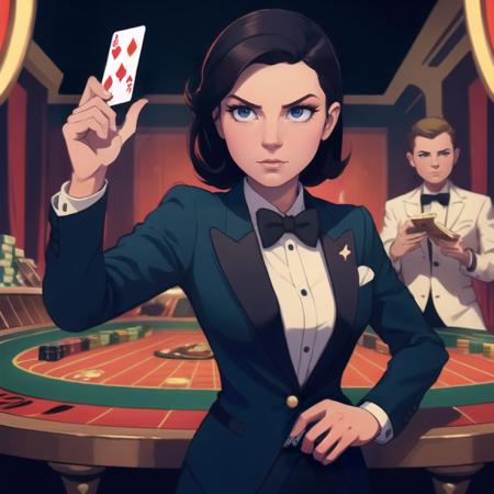 art by daniela uhlig, art by bob byerson,
masterpiece, best quality, people in a busy casino, shot on gopro, female spy in a casino, colorful evening wear, holding a dart gun and a playing card, exciting, evocative