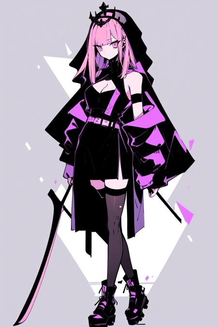 <lora:bess_hamiti:1>, 1girl, mori calliope, virtual youtuber, long hair, breasts, pink hair, scythe, solo, veil, tiara, dress, cleavage, thighhighs, white background, holding, black dress, holding scythe, looking at viewer, full body, simple background, pink eyes, spikes, bangs, single thighhigh, cape, see-through, black thighhighs, side slit, large breasts, weapon, detached sleeves, torn clothes, black cape, belt, standing, black nails, single sleeve, blunt bangs, cleavage cutout, cloak, clothing cutout