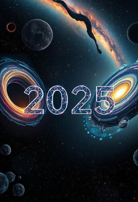 "2025" embedded in deep space, surrounded by intricate nanostructures, swirling wormholes, vast galaxies, the glowing Milky Way, and a shimmering cosmic ether. The scene is a cinematic sci-fi masterpiece, with vivid colors, deep contrasts, and an ethereal glow illuminating the text. The numbers appear as if forged from luminous stardust and energy, seamlessly blending into the cosmic landscape, evoking a sense of awe and infinite possibilities.
Midjourney_Whisper
