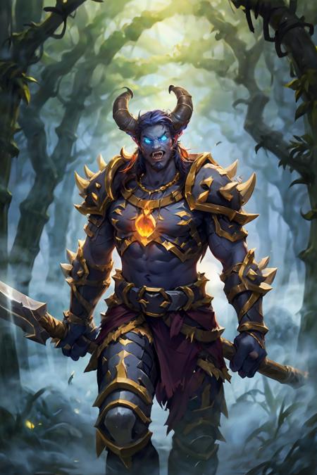 HEZI, Hearthstone, armor, glowing, 1boy, solo, male focus, glowing eyes, horns, weapon, nature, teeth, forest, monster, yellow eyes, spikes, helmet, tusks, outdoors, holding, colored skin, tree, looking at viewer, gauntlets, no humans, sharp teeth, blue skin, orange eyes, standing, watermark, hammer, artist name, breastplate, bamboo, axe, holding weapon, fangs, bamboo forest<lora:çç³ä¼ è¯´-000006:0.7>,