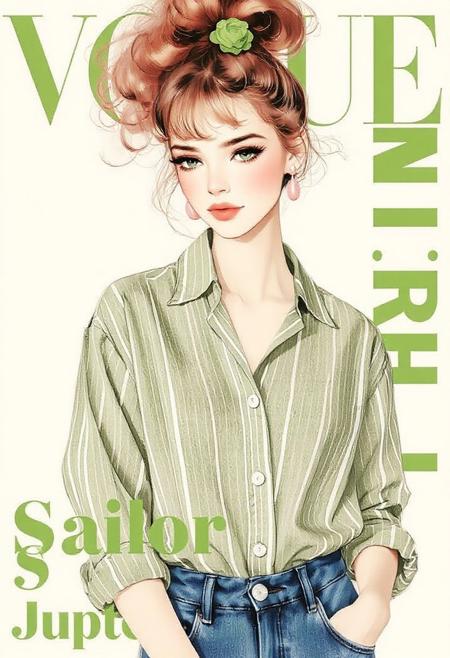 a female inspired by sailor Jupiter, a full-body subject, She has voluminous, curly light brown hair tied up in a high ponytail with a green hair tie that decorates her ponytail. Her eyes are striking green, and her facial features are delicate, with a slight blush on her cheeks, Her makeup is soft and polished, with well-defined brows, subtle blush, and coral matt lips. Her accessories include choker, pink rose earrings. She wears a stylish, oversized green and white thin striped button-up shirt. The fabric appears lightweight, possibly cotton or linen, making it suitable for a relaxed and breathable look. The shirt features a classic pointed collar and long sleeves, which are casually rolled up to about mid-forearm. The buttons are white, blending subtly with the striped pattern., paired with blue jeans. complementing her outfit's color scheme. The outfit creates a chic yet effortless ensemble, with a mix of relaxed and structured elements, add to the effortless, stylish aesthetic. The background is soft and minimalistic, resembles a stylish magazine cover with bold typography in green and olive shades,written Sailor Jupiter, giving the image a modern fashion aesthetic, the object must remain within the page, and there should be blank space on all four sides.