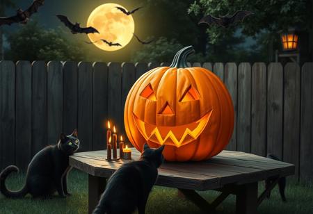 In a small yard on Halloween, there is a big, bright orange pumpkin sitting on a wooden table. Carved with a spooky face, its jagged teeth and triangular eyes seem to be glowing in the dim moonlight. Beside the pumpkin, there are some small candles, their flames flickering gently. There are also black cats prowling around the table, their green eyes staring at the pumpkin as if they are guarding this Halloween symbol. A few bats are flying overhead, their wings flapping silently.