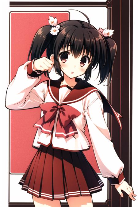 Yuzuhara Konomi, 1girl, solo, school uniform, long sleeves, skirt, twintails, ahoge, serafuku, flower, bow, red skirt, pleated skirt, blush, looking at viewer, short hair, red eyes, :o, brown hair, short twintails, hair ornament, cowboy shot, black hair, hair flower, shirt, brown eyes, red bow,<lora:Mitsumi Misato:0.8>