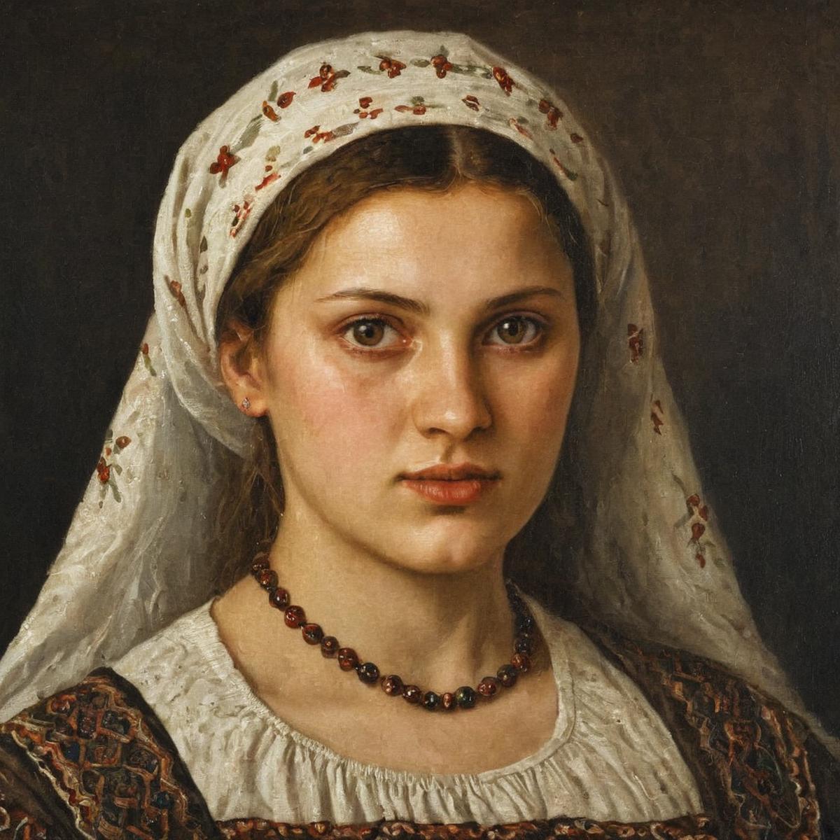 A Painted Portrait of a Woman with a Floral Head Scarf, Staring Straight into the Camera.
