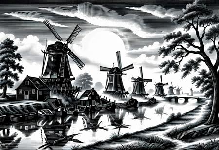 Three Dutch windmills in a row along a wide but gently flowing river. The scene is seen at sunrise, with a mist over the waters of the river, diffusing the   glow of the rising sun. In the background behind the windmills are a line of trees. scratchboard monochrome illlustration