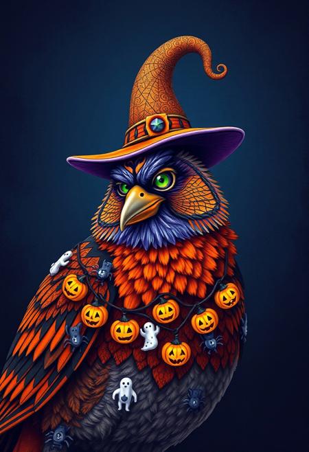 A hyper-stylized image of a bird, completely decked out in Halloween finery, with a mesmerizing array of decorations and designs. The bird's plumage is a riot of orange, black, and purple hues, with intricate, swirling patterns of cobwebs, bats, and jack-o'-lanterns. A tiny witch's hat perches atop the bird's head, complete with a sparkly, glittering broom. The bird's beak is painted with a bright, bold smile, and its eyes shine like glowing, emerald-green lanterns. A garland of tiny, glowing pumpkins and ghosts adorns the bird's neck, adding to the overall sense of spooky, whimsical charm. The background is a deep, midnight blue, with a subtle, textured pattern of spider webs and gravestones, adding to the overall Halloween atmosphere. highest-Quality, intricate details, visually stunning, Masterpiece