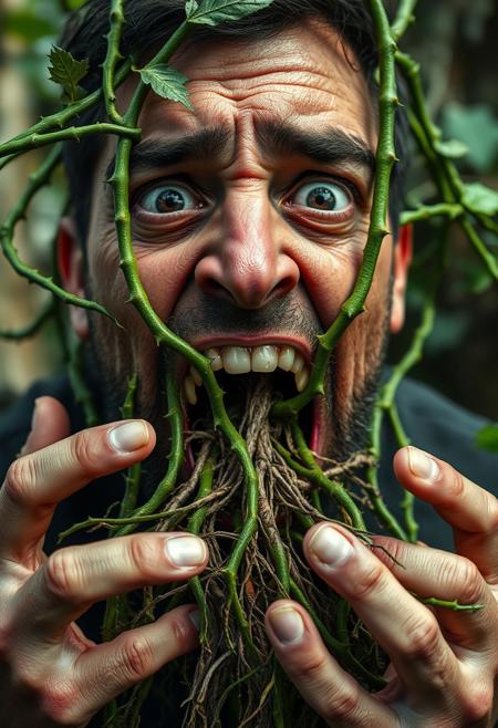 A photorealistic closeup of horrified scared man with many thick thorny green vines rapidly growing out of his mouth but roots are still inside him, surreal, extraterrestrial outdoors environment background, perfect hands, correct digits, realistic skin, perfect expressive eyes, perfect pupils, otherworldly, interesting color pallet, Stunning visuals, Texture