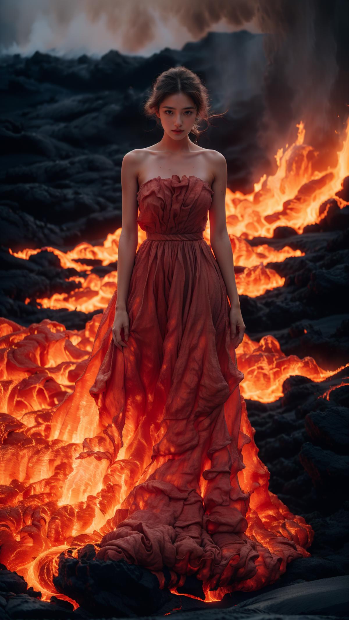 A woman standing in front of a volcano, wearing a red dress.