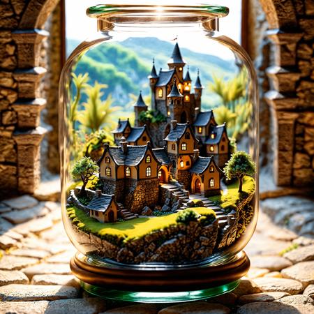 Create an image of a miniature scene set in a fantasy medieval setting, capturing the essence of the reference image's lighting and mood. A small mediaval village is overlooked by a castle on a rock. Warm light is comming out of the houses in the village the castle is beautifully decorated and emit warm and inviting lights. The overall feel should be inviting and magical, with a rich, detailed environment that brings the miniature fantasy scene to life. (miniature macro) (inside a glass bottle:1.5) with no bottle cap, centered
