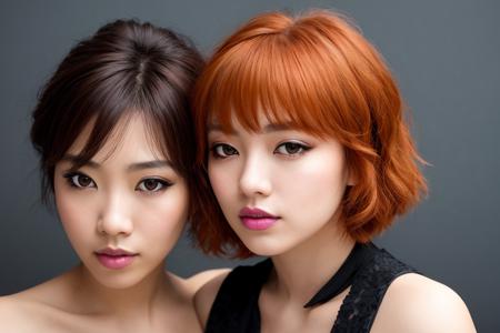 Japanese woman, european woman, ebony woman, (to8contrast style), (Close-up portrait), open mouth, 8k RAW photo, highest quality, detailed hazel eyes, eye reflection, winged eyeliner, (looking at the viewer:1.3), best shadow, intricate details, interior, (short ginger hair:1.3), muted colors, high contrast style, glam shot, smoldering, (sultry:1.1), dof, bokeh, intense, languid, tempting, sensual, seductive, longing, yearning, smitten, dark photography studio, minimal lighting, deep shadows, stark contrasts, dramatic highlights, (black backdrop:1.2), dimples, fullness, plumpness, natural blue lips, bold color, alluring, captivating, striking, unforgettable, stunning, breath-taking, timeless beauty. (bare shoulders:1.2), headshot