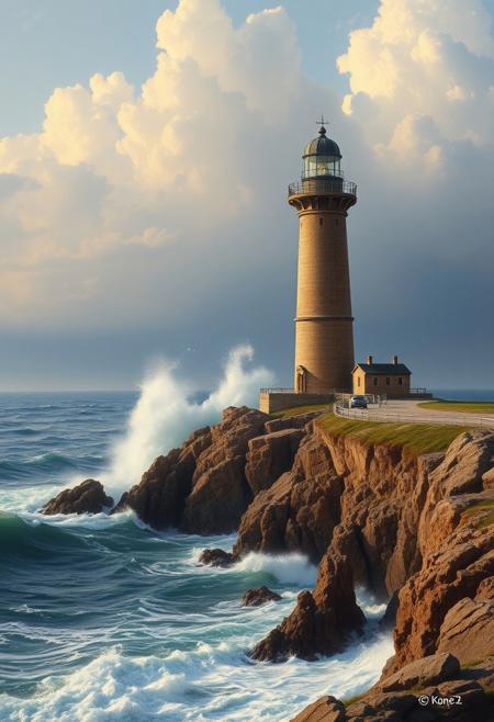 An old lighthouse on a rugged coastline, waves crashing at its base, dramatic sky, high detail, realistic, atmospheric perspective, cinematic lighting, masterful landscape painting, soft waves, highly detailed, 8k resolution, by Ivan Aivazovsky and Claude Monet