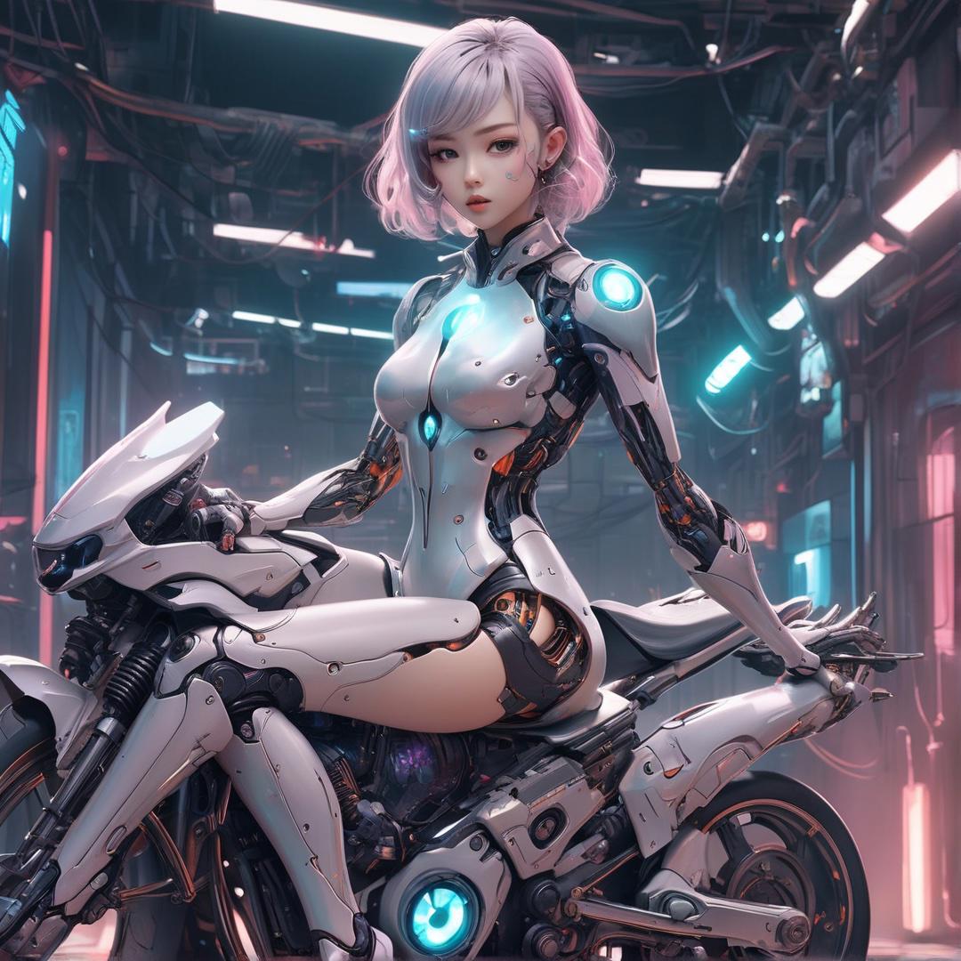 most beautiful cyborg girl with robot joints, solo, open jacket, leotard, full-body, dynamic pose, riding a bike, fusion of organic and machine aesthetics, biomechanical cyberpunk style, intricate, absurdres, smooth gradients, indoor, 8k RAW photo, artistic photorealism, glowing, splash, vibrant palette, intricate