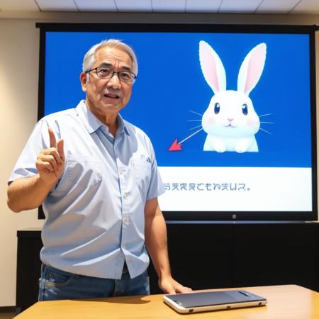 old man, glasses, presentation, screen, realistic, holding pointer, in front of a large screen, rabbit on it, <lora:Presentation _v1:0.5>