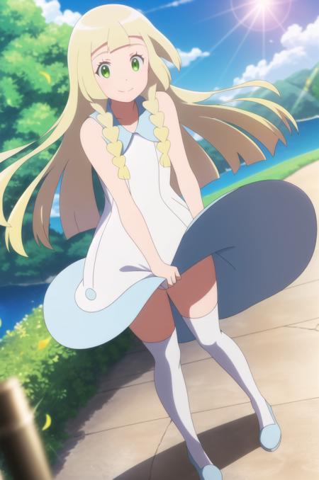 (masterpiece), high quality, detailed background, 1girl, solo,
<lora:PokemonLillie-v1-03:0.7>, ChopioLillie, blonde hair, long hair, blunt bangs, green eyes, (looking at viewer:1.3),
twin braids,
outfit_2, white dress, sleeveless dress, bare shoulders, white kneehighs, blue shoes,
sunny, blue sky, clouds, trees, flowers, happy, smile, sun diffraction, lens flare, depth of field, blurry, blurry background, sparkles, standing, floating hair, wind, <lora:Concept_WindLift:0.85>, (wind lift), skirt tug,