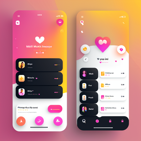 <lora:UI-UX:0.8> UI-UX Style, mobile app mockup for a dating service with pink and gold theme