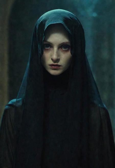 it's not alive but stares at you deeply, it's wearing black veil, eerier, mysterious, scary vibes, dark atmosphere, it's pale-skinned, it seems it's passed away too much time ago, old monastery