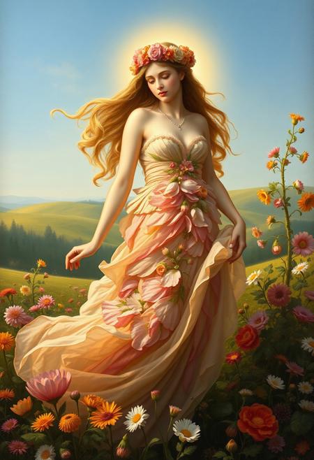 Masterpiece. An image of the goddess Flora, the Roman deity of flowers, spring, and renewal. She is depicted as a graceful figure with flowing hair adorned with a crown of vibrant blossoms. Her attire is a flowing, ethereal dress made of petals in shades of pink, green, and gold, symbolizing the abundance of nature. Surround her with a lush garden filled with colorful flowers in full bloom, and a soft golden light that enhances the scene's magical and serene atmosphere. The background should include rolling meadows and a clear blue sky. Fine art, Preraphaelite, Waterhouse, Rossetti, best quality, intricate details, ultra details, good lighting, vibrant colors, very detailed,
