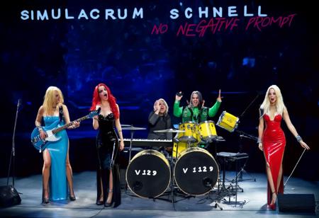 real, realistic, cinematic realism.
a depiction of a stage with five metal playing band members on it.

guitarist blue latex side-slit dress holding her electric guitar,
bassist red latex side-slit dress holding her bass guitar,
keyboardist green latex side-slit dress in the background playing her piano,
vocalist black latex side-slit dress holding a microphone,
drummer yellow latex side-slit playing the drums in the background.

there is stage fog and an audience of people cheering.

above the stays says "SIMULACRUM SCHNELL",
the drum set says "V129" on the front,

at the bottom middle it says "NO NEGATIVE PROMPT" in red letters