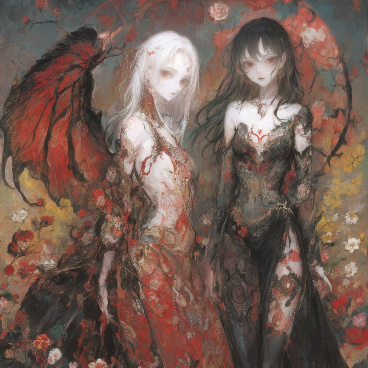 A painting of two women in fancy dresses with wings and flowers, surrounded by red and white flowers.