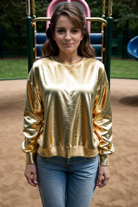 masterpiece, best quality, detailed face, Satin Sheets Gold jumper in a playground, swings, roundabout, <lora:Tina_Fey:1> 1girl, solo, a mature t1873f,