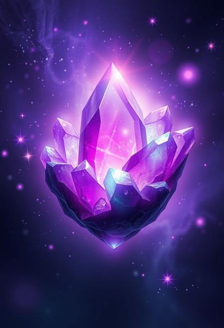 A purple green magical crystal floating in the air, the galaxy is refracting within the crystal, magic glow, purple glow, green glow, illuminated, masterpiece, highly detailed, graphic,
