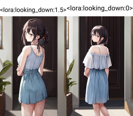 masterpiece, best quality, highres, 1girl, standing, from behind, looking back, looking down <lora:looking_down:1.5>