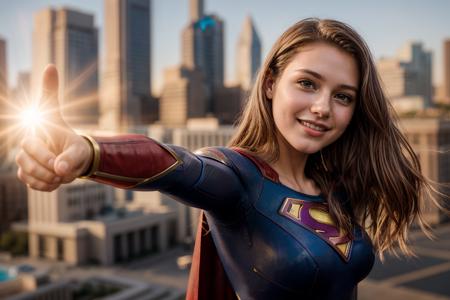 DC movies,photo of a 18 year old girl,supergirl,pointing at viewer,happy,ray tracing,detail shadow,shot on Fujifilm X-T4,85mm f1.2,depth of field,bokeh,motion blur,<lora:add_detail:1>,