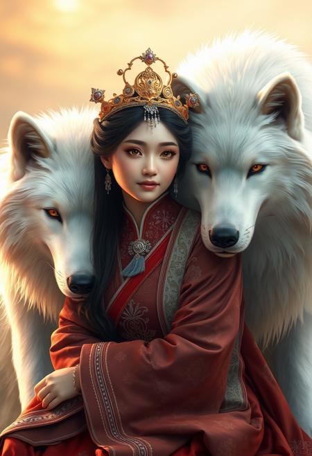 A beautiful girl in ancient Chinese costume, wearing gold crown and silver earrings with white fur on her head is sitting next to two white huge wolves with golden eyes, she hugs the neck of one wolf, elegant face, gorgeous , long hair flowing down behind her back, digital art style, exquisite details, warm tones, golden light, soft lighting, fantasy realism, in thestyle of hyper-realistic sci-fi, fantasticalmachines,norwegian nature,master-levelsurrealism,posters