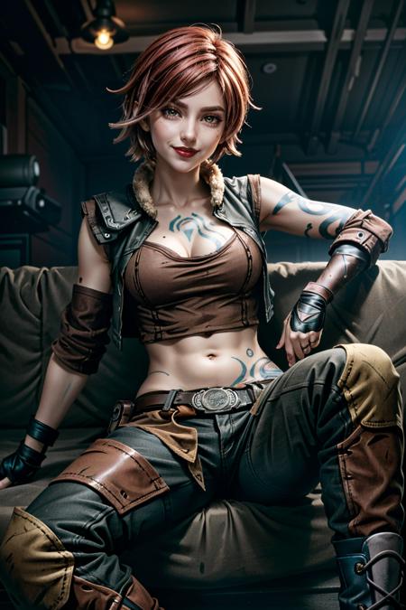 (masterpiece, best quality, cinematic lighting)
LilithBorderlands,  1girl, solo, breasts, looking at viewer, smile, short hair, bangs, gloves, navel, cleavage, medium breasts, sitting, yellow eyes, white hair, red hair, multicolored hair, boots, parted lips, black gloves, midriff, belt, pants, spread legs, fingerless gloves, grin, vest, two-tone hair, lips, tattoo, makeup, swept bangs, black pants, lipstick, couch, knee up, nose, red lips, arm tattoo, knee pads, brown pants, hand on own knee, stomach tattoo
  <lora:epi_noiseoffset2:1> <lora:add_detail:0.5>  <lora:LilithBorderlands:0.8>