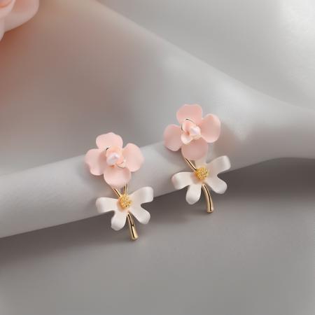 ding, flower shaped stud earrings, flower, white background, pink flower, ribbon
,
 <lora:ershiv2:1>