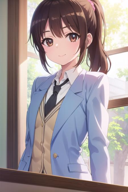 rikashiguma, <lora:rika shiguma s2-lora-nochekaiser:1>,
rika shiguma, brown hair, (brown eyes:1.3), ponytail, glasses, scrunchie, yellow scrunchie, smile,
BREAK school uniform, necktie, labcoat,
BREAK indoors, classroom,
BREAK looking at viewer, (cowboy shot:1.5),
BREAK <lyco:GoodHands-beta2:1>, (masterpiece:1.2), best quality, high resolution, unity 8k wallpaper, (illustration:0.8), (beautiful detailed eyes:1.6), extremely detailed face, perfect lighting, extremely detailed CG, (perfect hands, perfect anatomy),