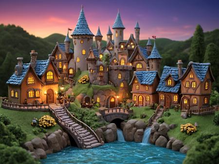 novuschroma51 styleA breathtaking magical world where everything is sculpted from smooth, colorful clay. Rolling hills, towering castles, and enchanted forests are crafted with soft, rounded details, giving a handcrafted and playful charm. Tiny clay villages with whimsical houses, glowing lanterns, and cobblestone streets stretch across the landscape. In the center, a majestic clay waterfall flows like liquid magic, glowing faintly with an ethereal shimmer. The sky is painted in soft pastel hues, with floating clay islands drifting gently above. Throughout the scene, charming clay figurine characters—knights, wizards, fairies, and mythical creatures—move as if alive, their expressions full of warmth and wonder. The lighting is soft and enchanting, casting gentle shadows that enhance the handcrafted textures. The entire world feels like a living fairytale, bursting with imagination and magic.