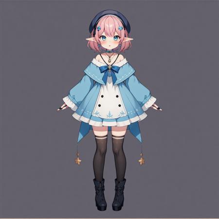 live2d, white stockings, white background, vtuber, standard standing posture, 1girl, solo, pink hair,kawaii Hats, berets, with pommel pendants on them, goden eyes, achan \(blue semi\)  kawaii dress, leg rings,Short hair, elf ears, Blue knee-high boots, thighhighs, virtual youtuber, full body,