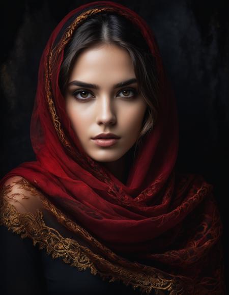 breathtaking portrait of a gorgeous girl, sultry, red scarf, dark gold and black, gossamer fabrics, jagged edges, eye-catching detail, insanely intricate, vibrant light and shadow textured background, captivating, negative white space