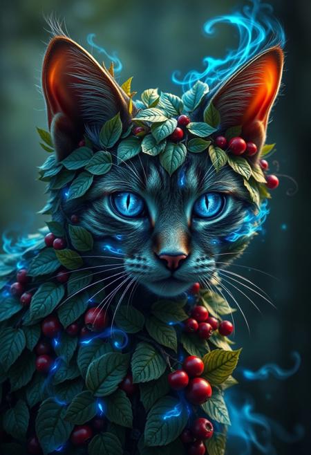 "Create a photorealistic image of a cat made from the forest itself, with leaves, berries, and enchanted blue fire forming its body. The leaves should be intricately arranged to create a lifelike texture and pattern, with subtle veins and ridges that catch the light. The berries should be plump and juicy, with a deep, rich color that adds depth and dimension to the image. The enchanted blue fire should be woven throughout the cat's body, casting a soft, ethereal glow that seems to pulse with magic. The eyes should be a gorgeous, radiant blue, with a beautiful pattern of lighter and darker shades that seems to shimmer and shine like the stars. A delicate, swirling pattern of leaves and vines should surround the eyes and body, bringing everything together in a breathtaking and imaginative way. The overall effect should be one of mystical, otherworldly wonder, as if the cat is a living, breathing embodiment of the forest itself." Highest-Quality, 4k, intricate details, visually stunning, Masterpiece
